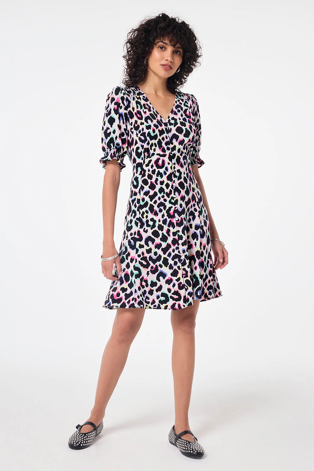 Ivory with Rainbow Shadow Leopard Short Tea Dress