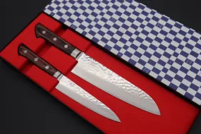 JCK Natures Gekko Kagami Series VG-10 Tsuchime Damascus Petty 135mm & Santoku 180mm (GK-2Pcs Knife Set, Mahogany Wood Handle)