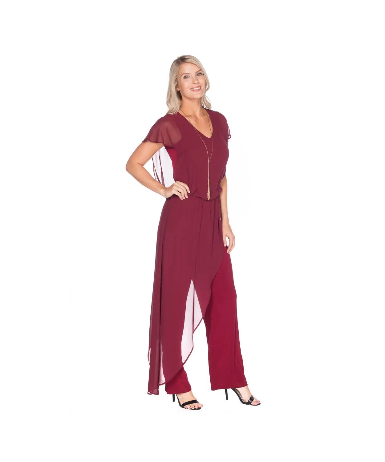 Jumpsuit with back Neckline, Chiffon Overlay & Straight Leg | Navy, Black, Burgundy