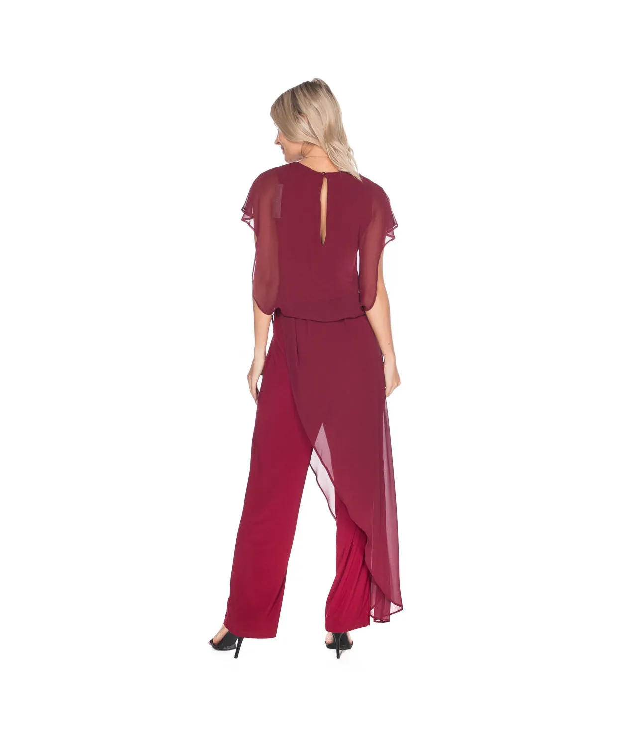 Jumpsuit with back Neckline, Chiffon Overlay & Straight Leg | Navy, Black, Burgundy