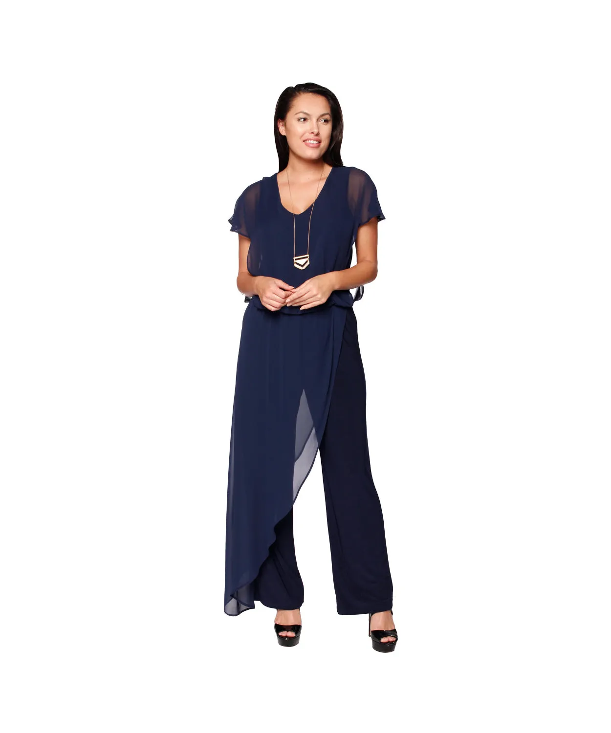 Jumpsuit with back Neckline, Chiffon Overlay & Straight Leg | Navy, Black, Burgundy