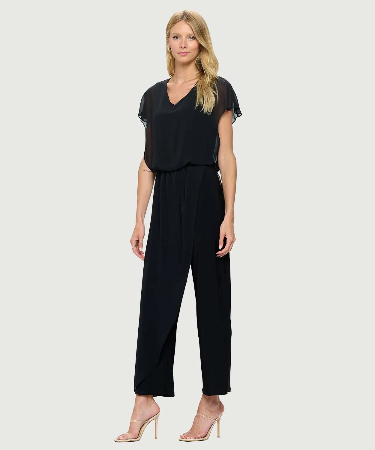 Jumpsuit with back Neckline, Chiffon Overlay & Straight Leg | Navy, Black, Burgundy