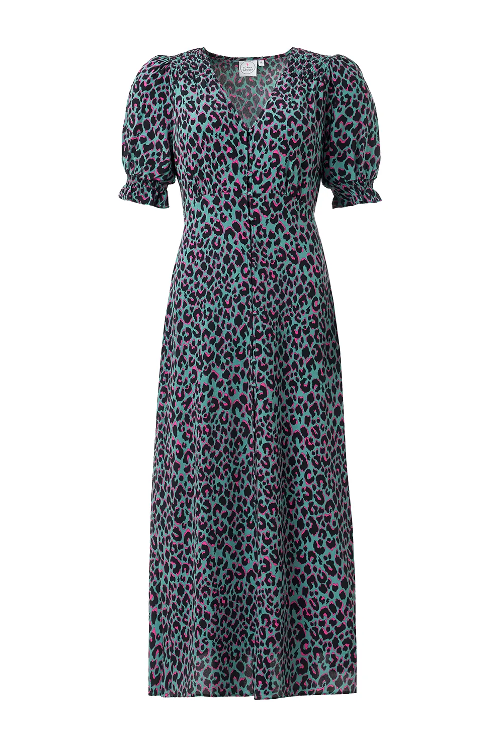 Khaki with Pink and Black Small Shadow Leopard Flute Sleeve Midi Tea Dress