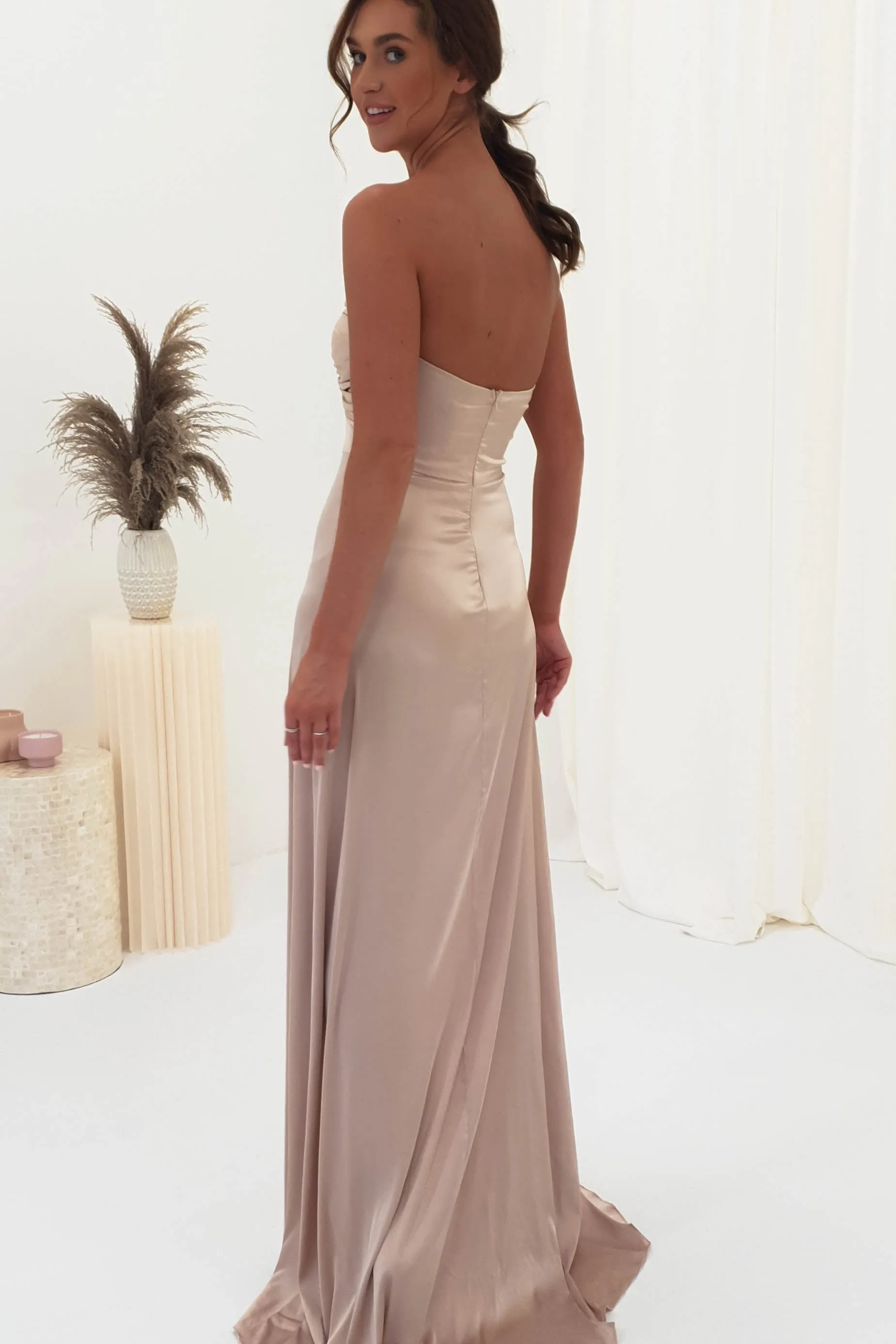 Krysta Soft Satin Long Strapless Gown | Champagne