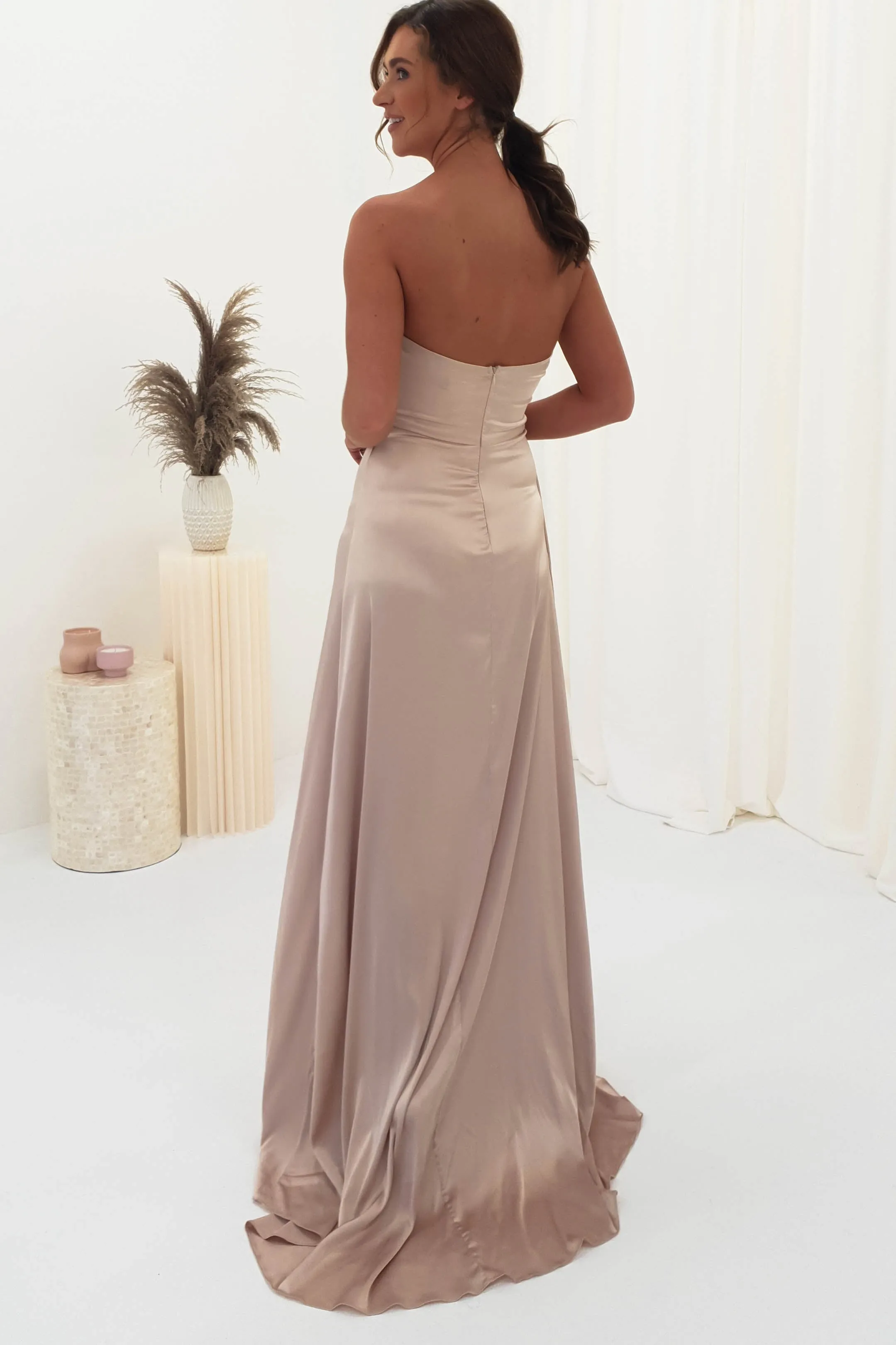 Krysta Soft Satin Long Strapless Gown | Champagne