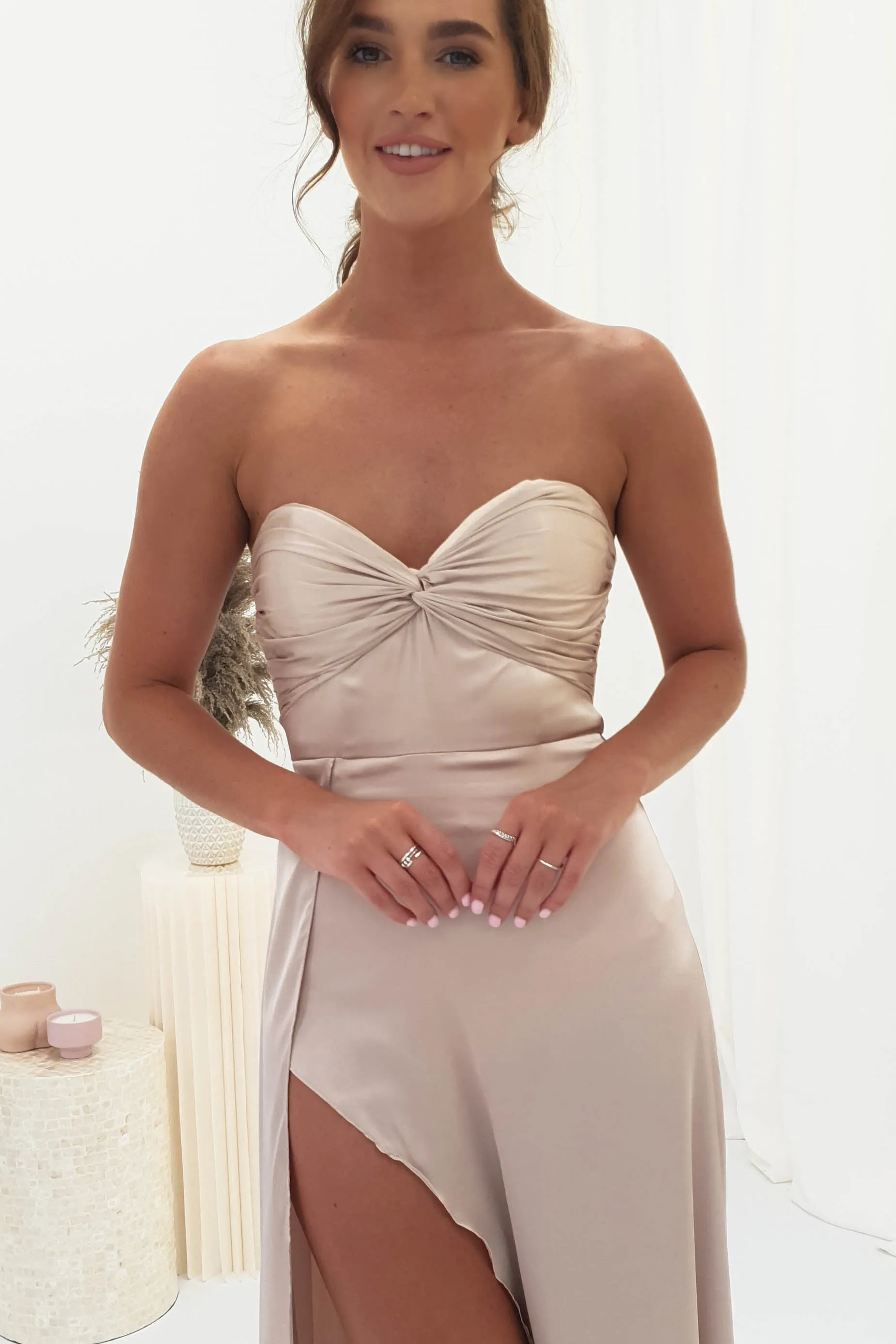 Krysta Soft Satin Long Strapless Gown | Champagne