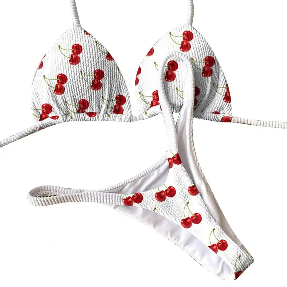 Lace-up Bikini Leopard Print Halter Bikini Set Cherry Print Thong Swimsuit Sexy High Waist Lace-up Bathing Suit for Women