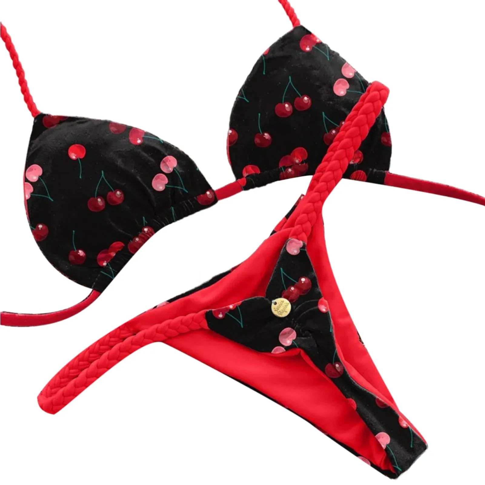 Lace-up Bikini Leopard Print Halter Bikini Set Cherry Print Thong Swimsuit Sexy High Waist Lace-up Bathing Suit for Women