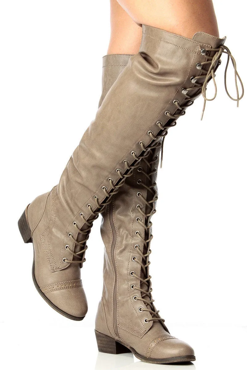 Lace Up Military Over the Knee High Boots Vegan Faux Leather