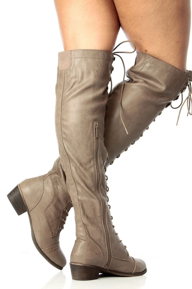 Lace Up Military Over the Knee High Boots Vegan Faux Leather