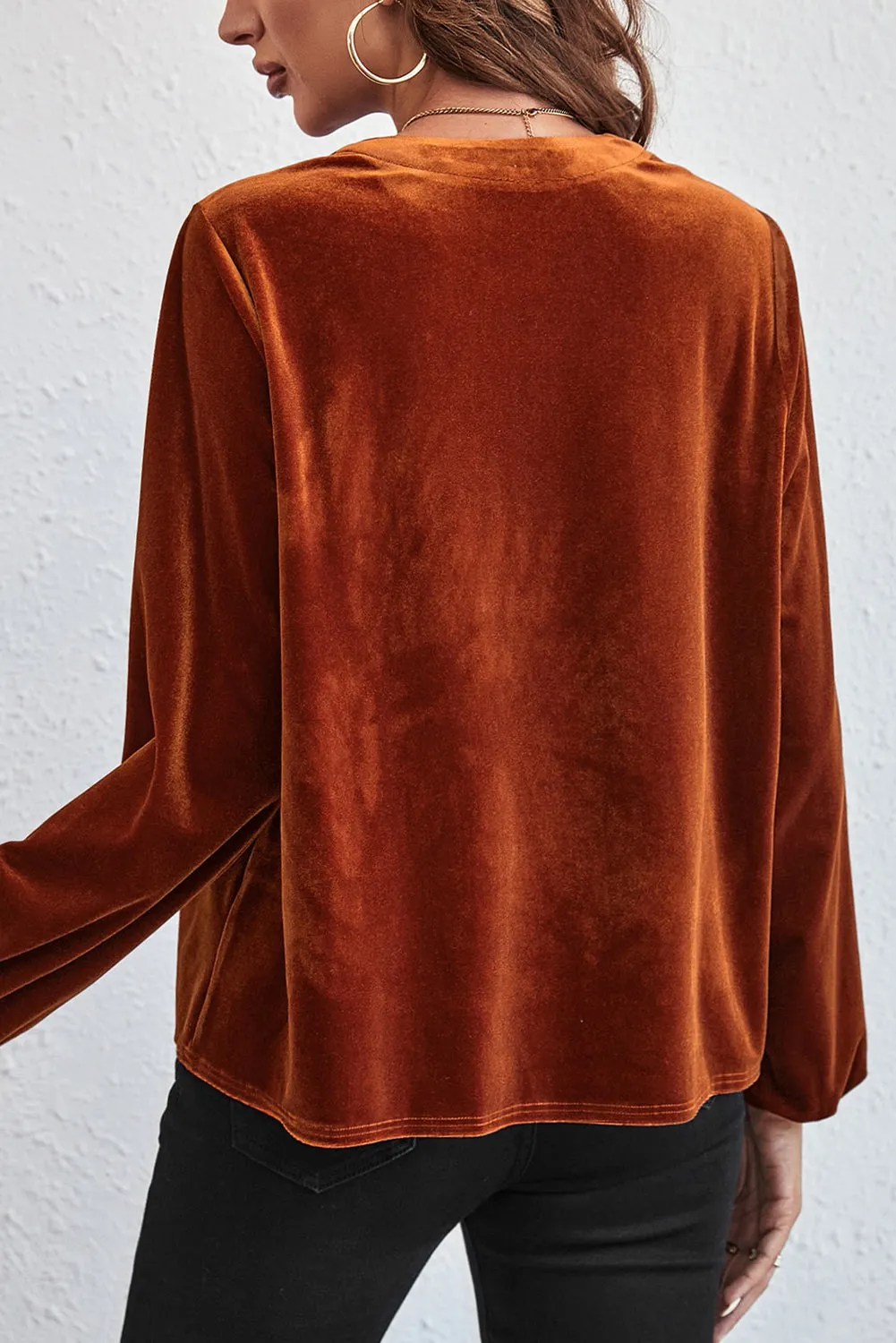 Lantern Sleeve Beaded Split V Neck Velvet Top