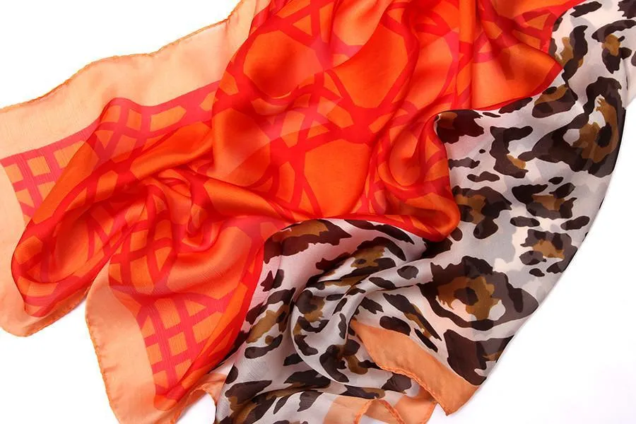 Long Chiffon Scarf Orange Theme Leopard Print CHL117