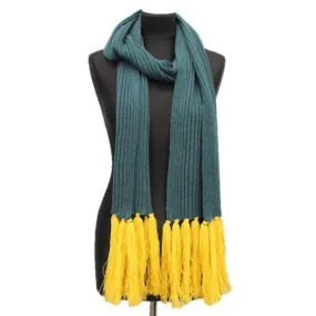 Long Length Scarf With Contrasting Fringe - Yellow/Dark Green