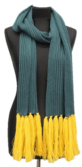 Long Length Scarf With Contrasting Fringe - Yellow/Dark Green