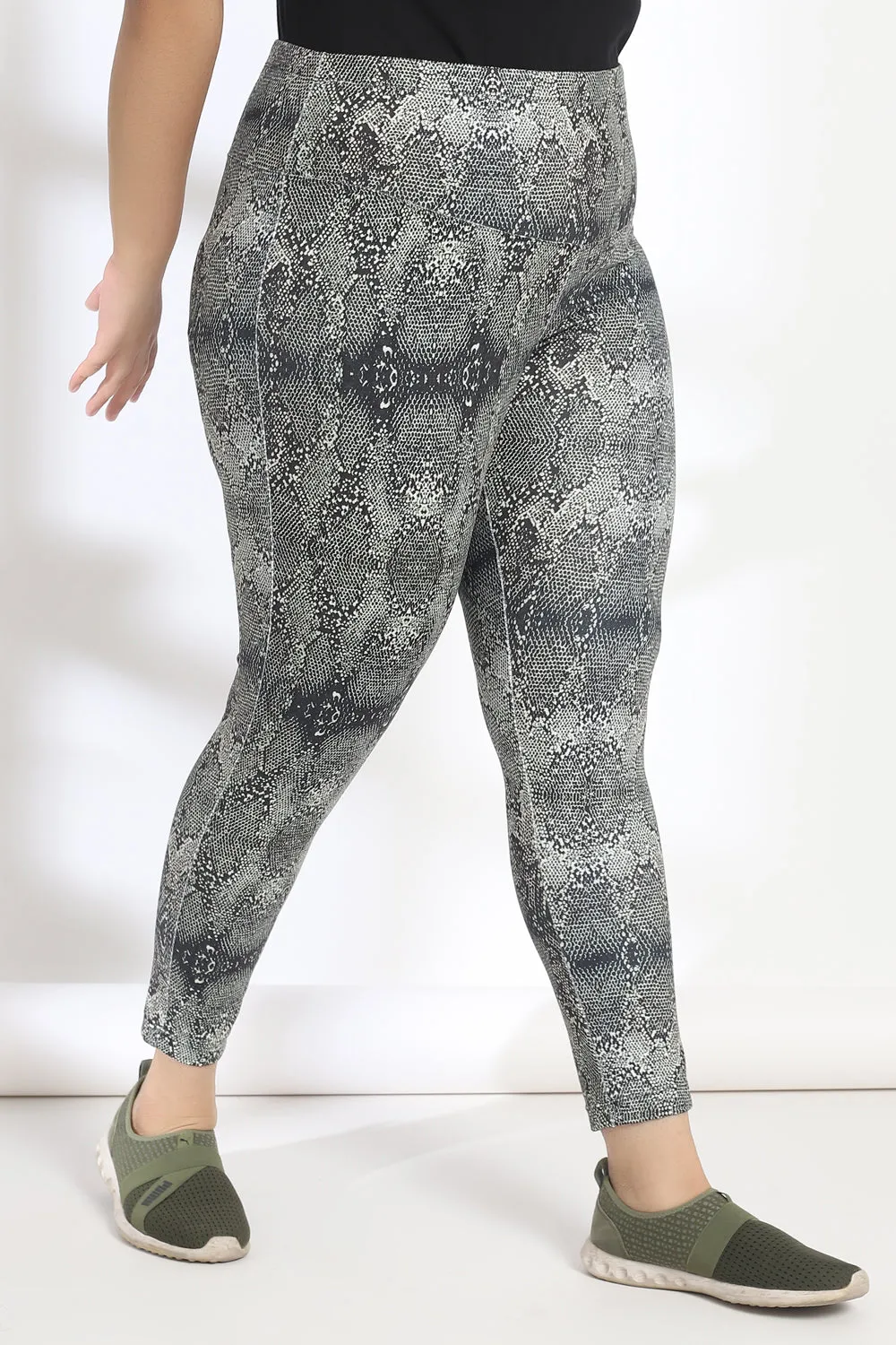 Marsh Green and Black Snake Print Tummy Shaper Printed Leggings