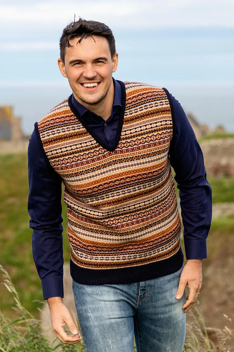 Mens Tweed Fair Isle V Neck Sleeveless Jumper - Navy