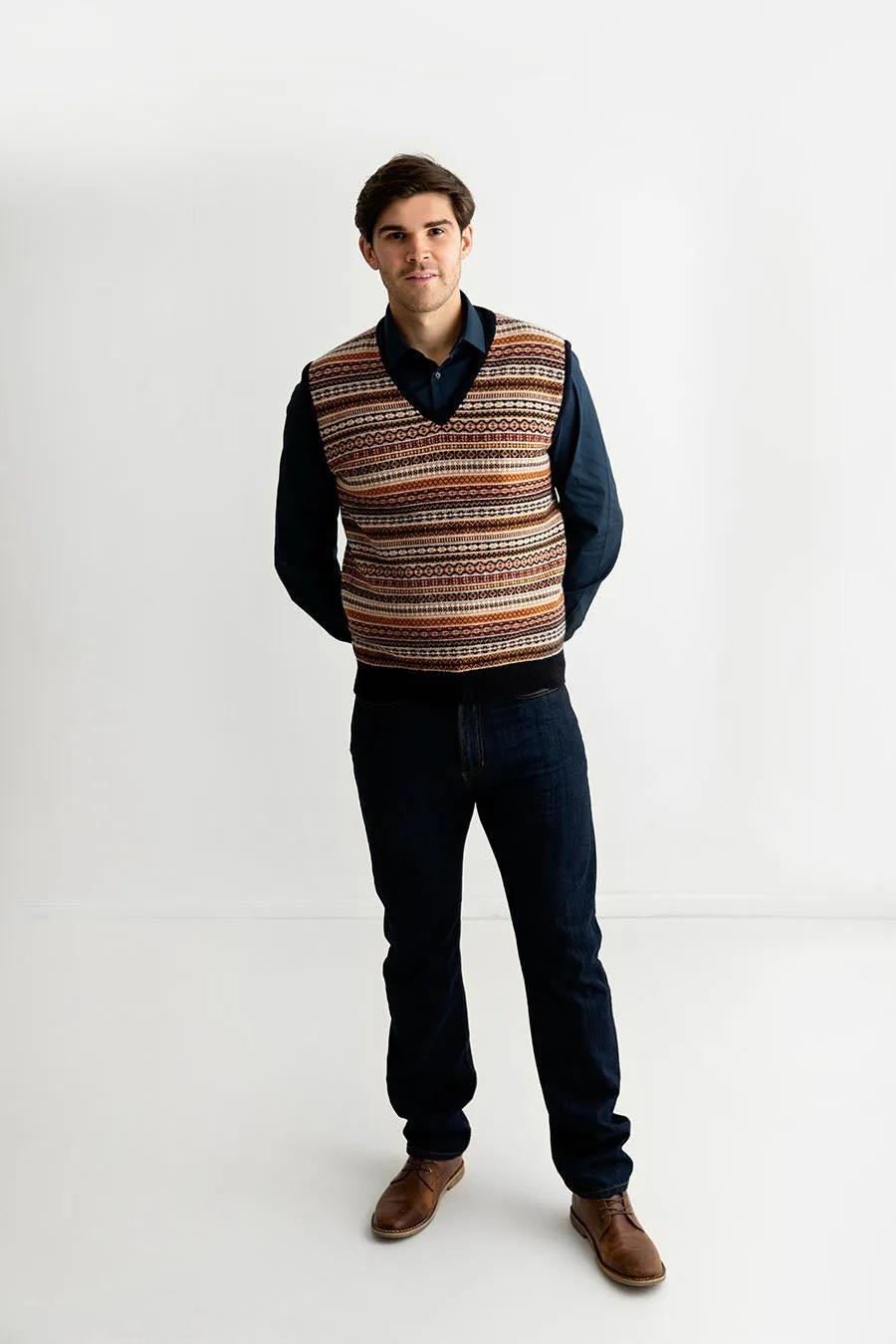 Mens Tweed Fair Isle V Neck Sleeveless Jumper - Navy