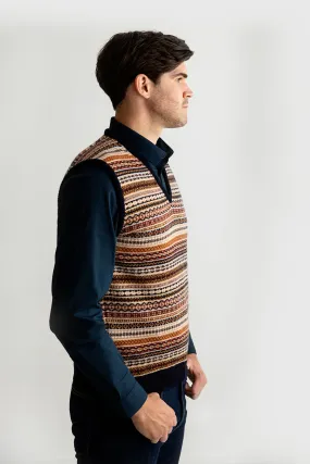 Mens Tweed Fair Isle V Neck Sleeveless Jumper - Navy