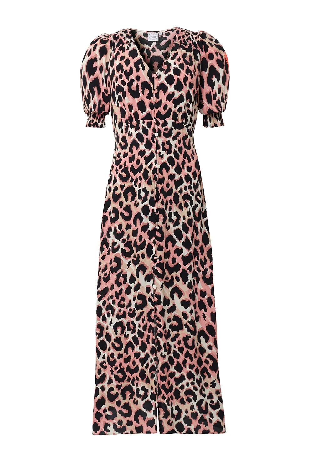 Mixed Neutral with Black Shadow Leopard Flute Sleeve Midi Tea Dress