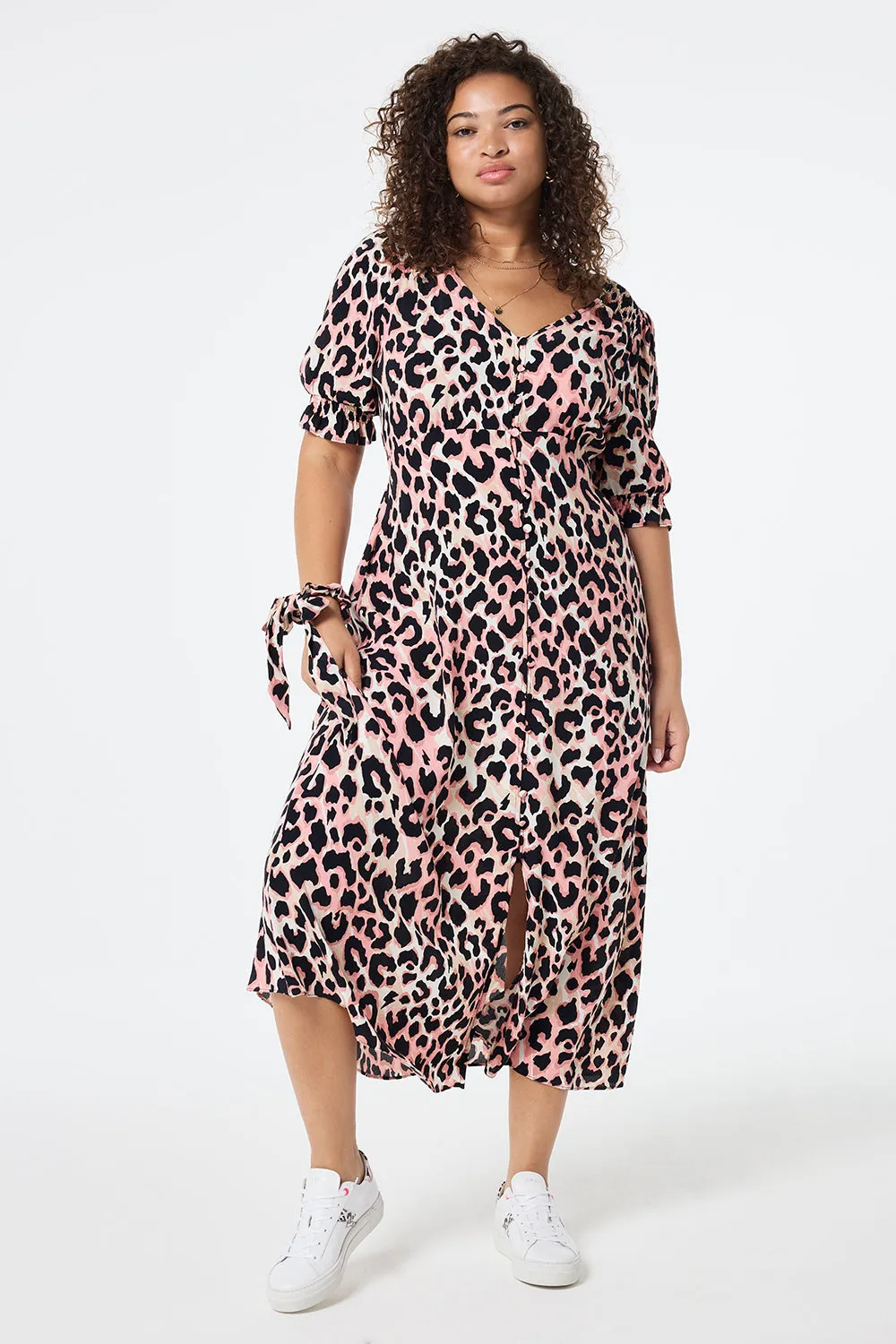 Mixed Neutral with Black Shadow Leopard Flute Sleeve Midi Tea Dress