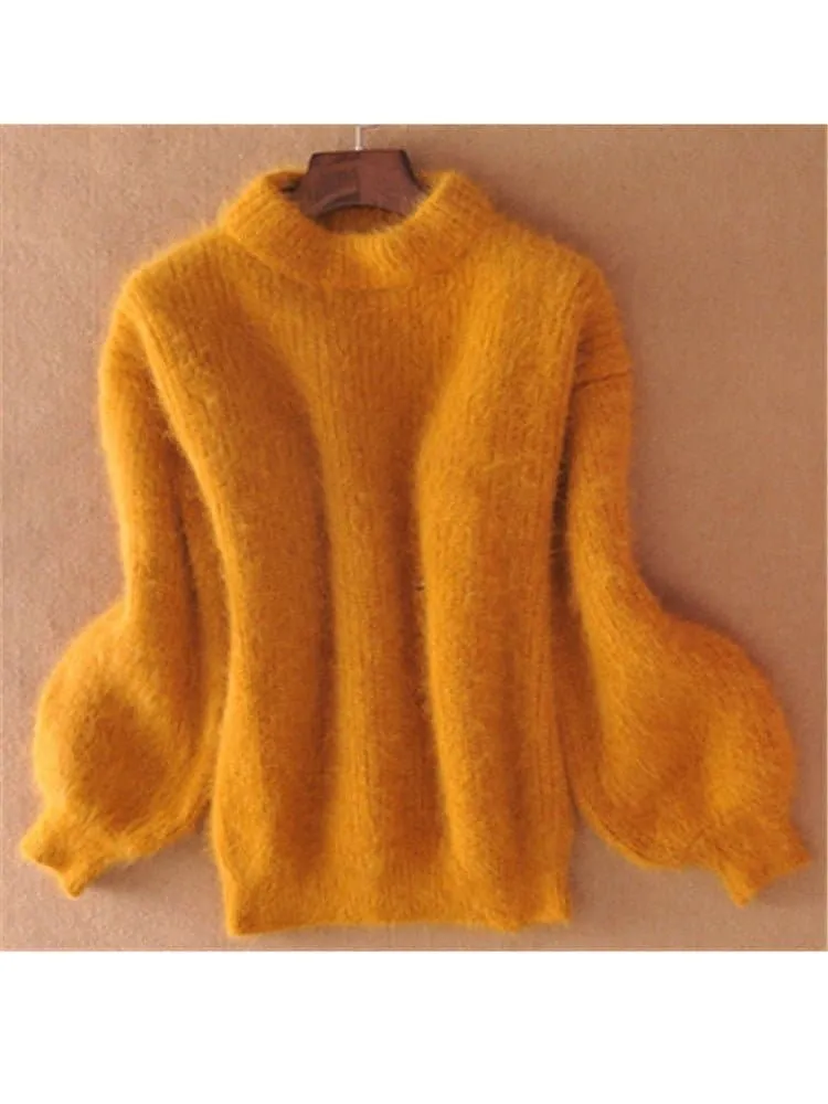 Mohair Turtleneck Sweater - Cozy, Loose-Fitting, Lantern Sleeves