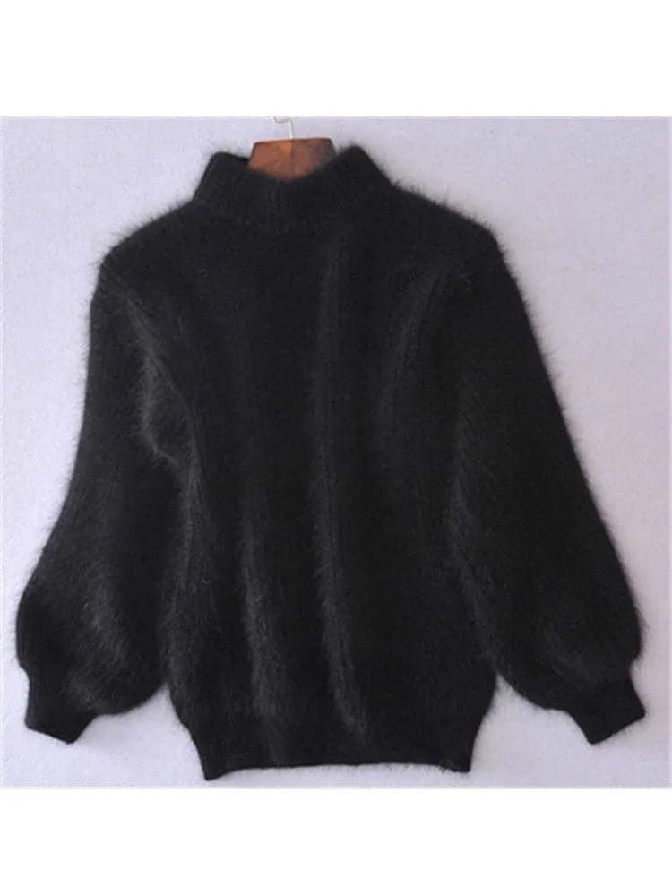 Mohair Turtleneck Sweater - Cozy, Loose-Fitting, Lantern Sleeves