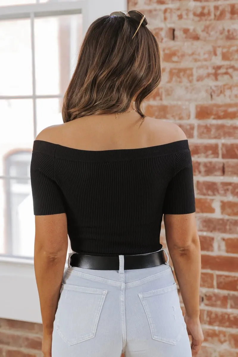 MUSE Black Off The Shoulder Ribbed Bodysuit - FINAL SALE