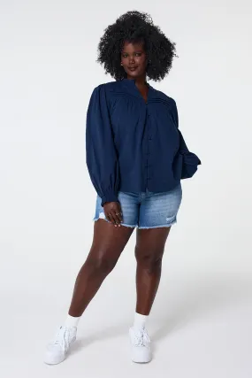 Navy Dobby Frill Neck Blouse