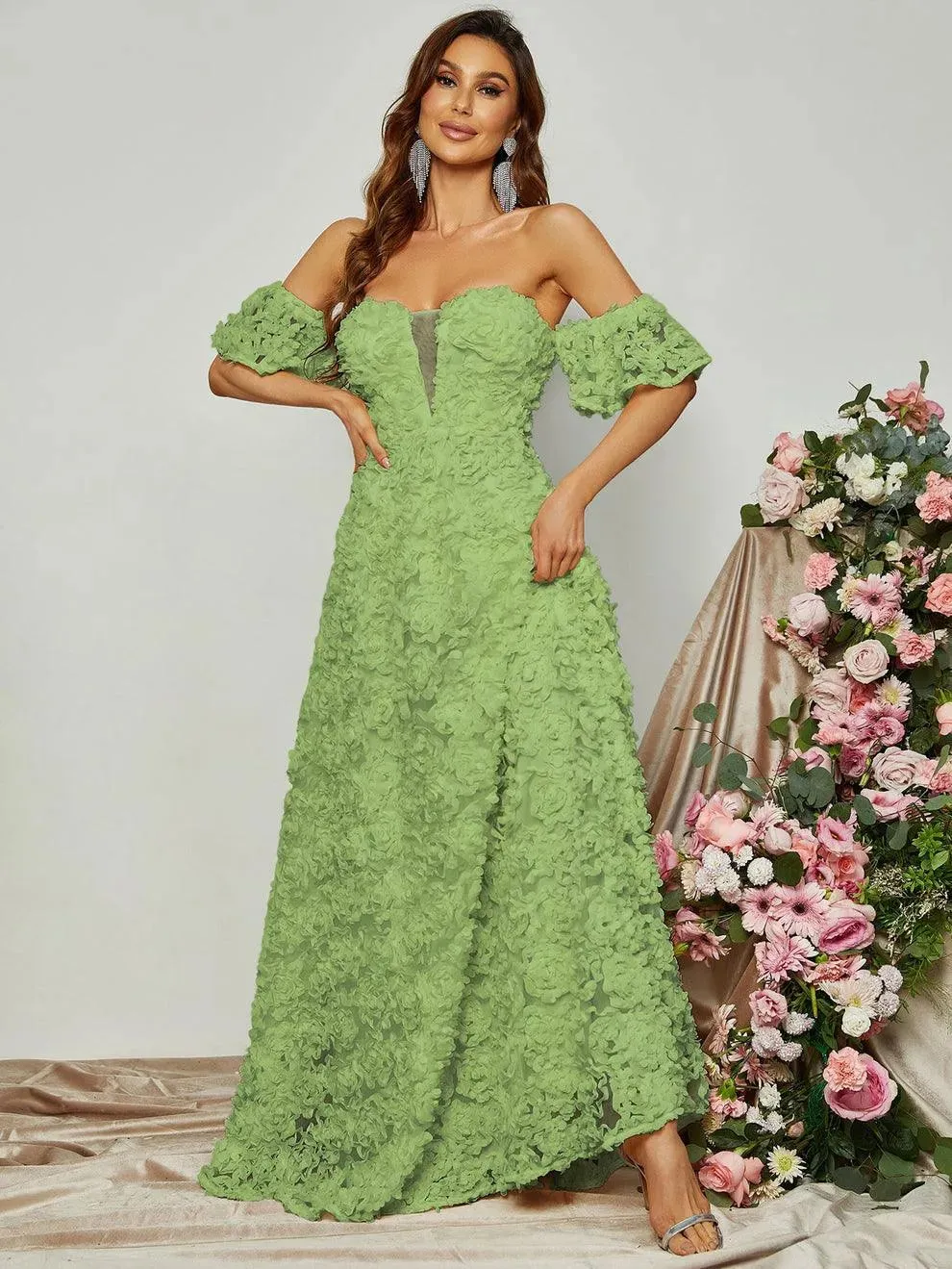 Off Shoulder 3D Flower A-Line Prom Dress