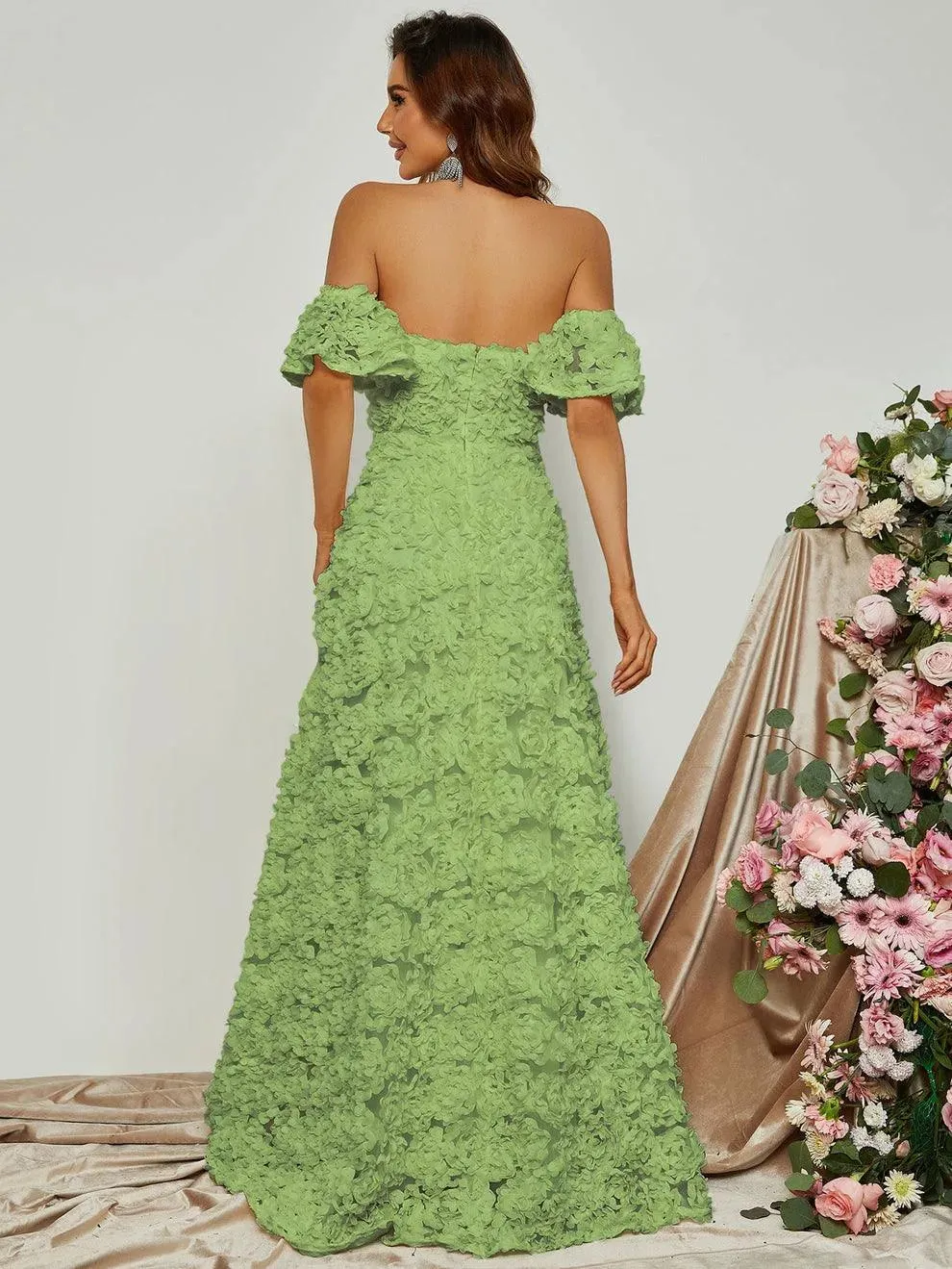 Off Shoulder 3D Flower A-Line Prom Dress