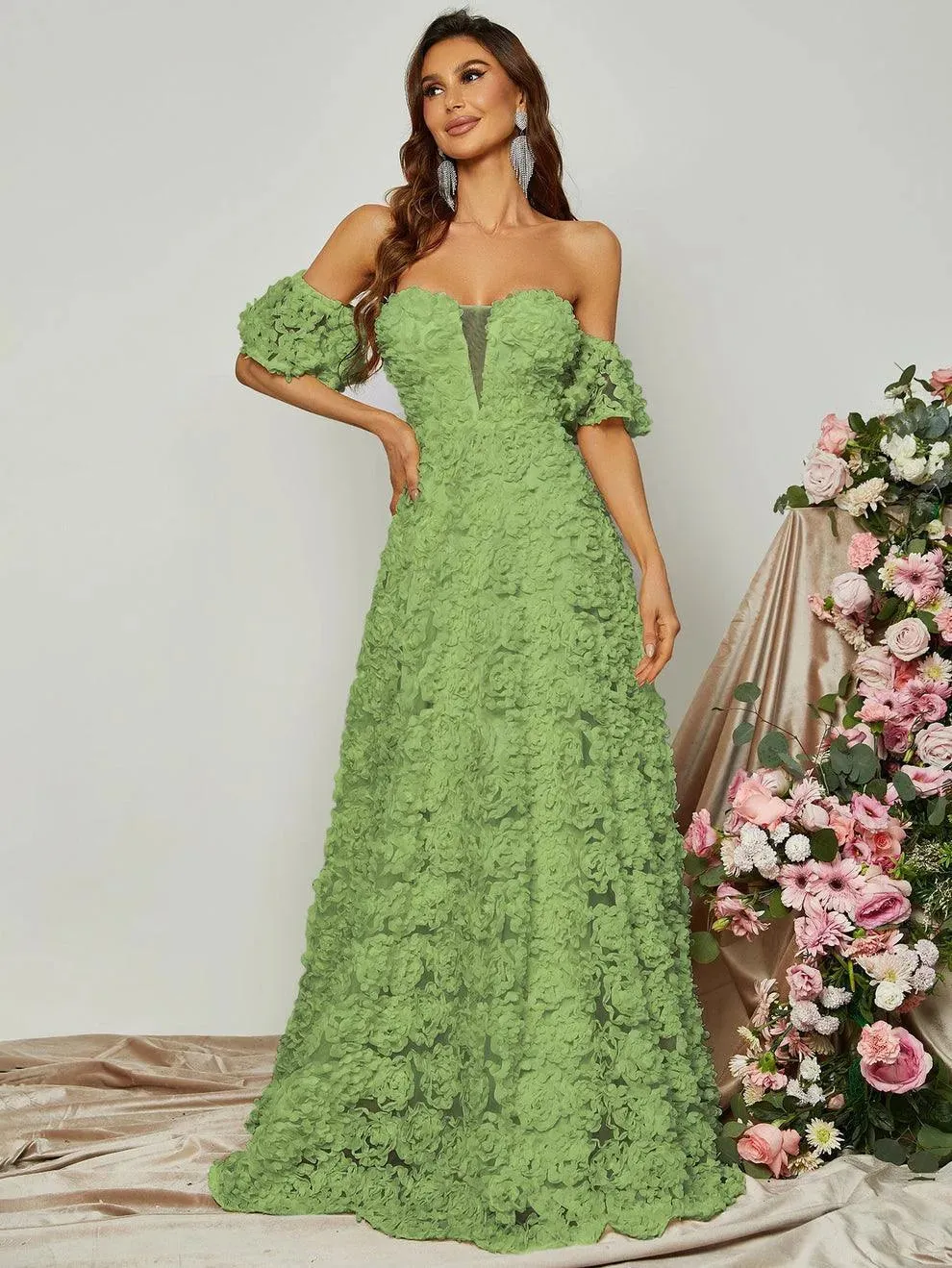 Off Shoulder 3D Flower A-Line Prom Dress