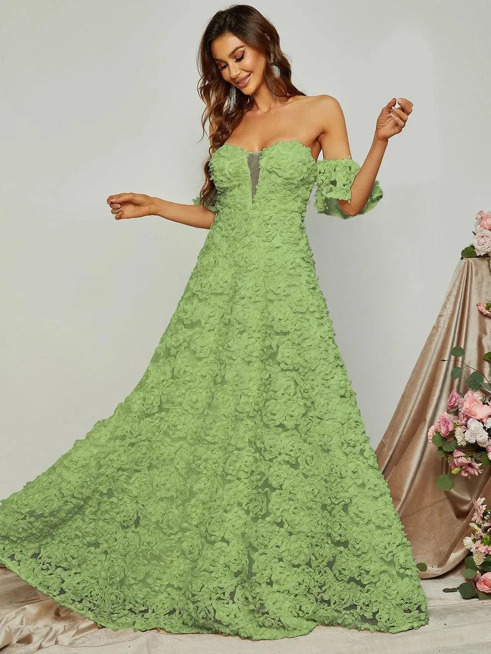 Off Shoulder 3D Flower A-Line Prom Dress