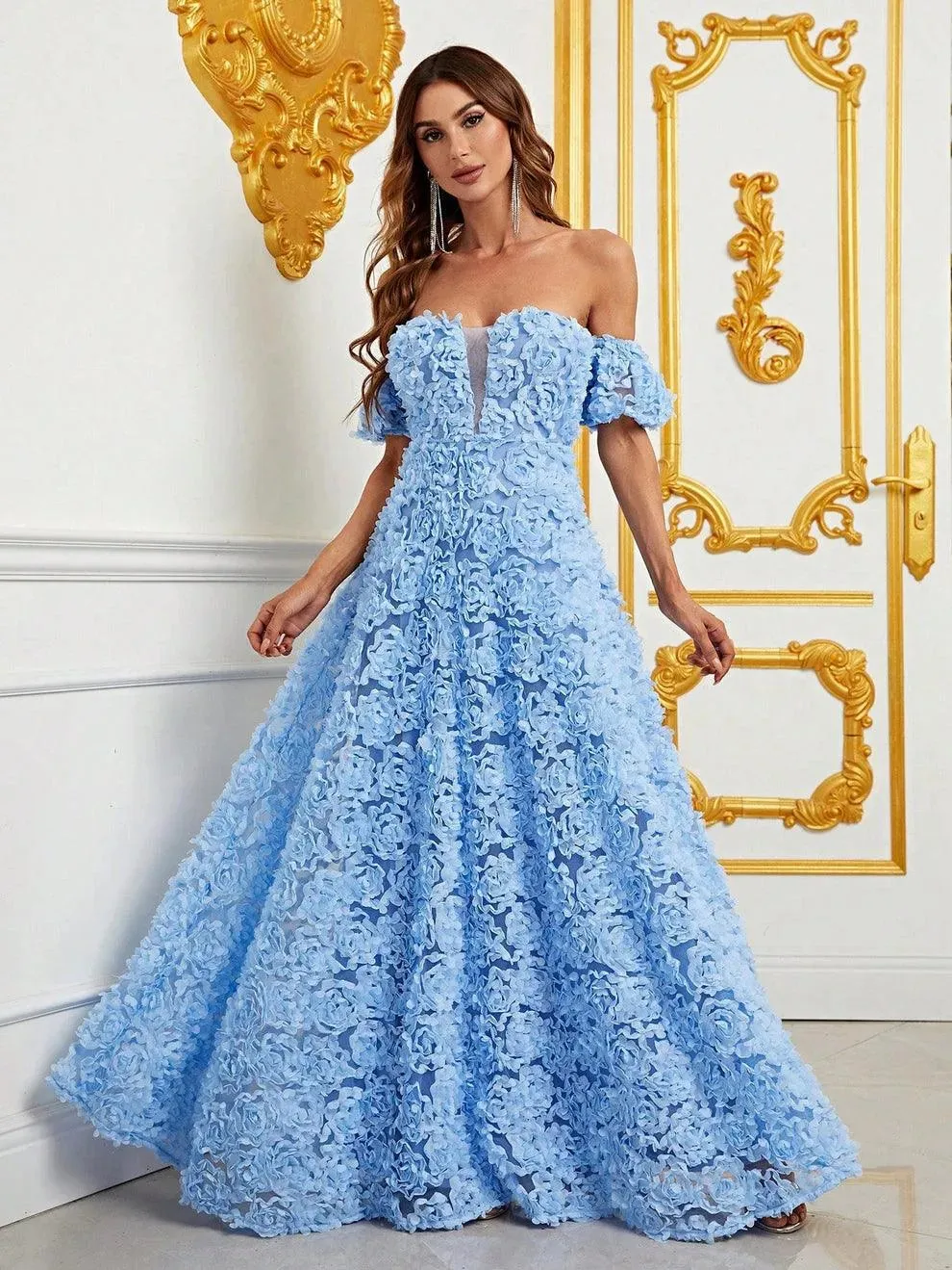 Off Shoulder 3D Flower A-Line Prom Dress