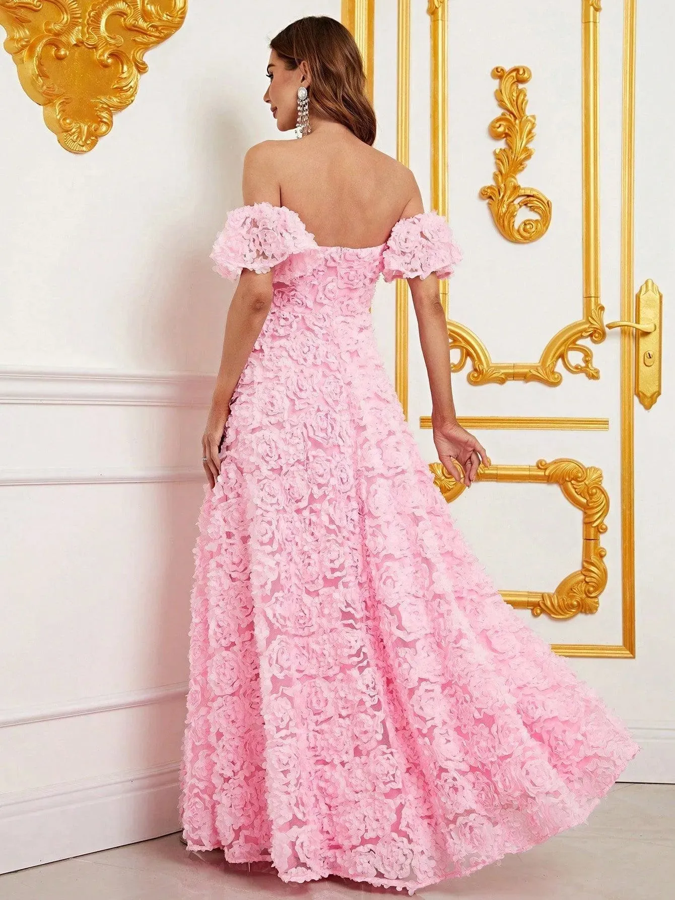 Off Shoulder 3D Flower A-Line Prom Dress