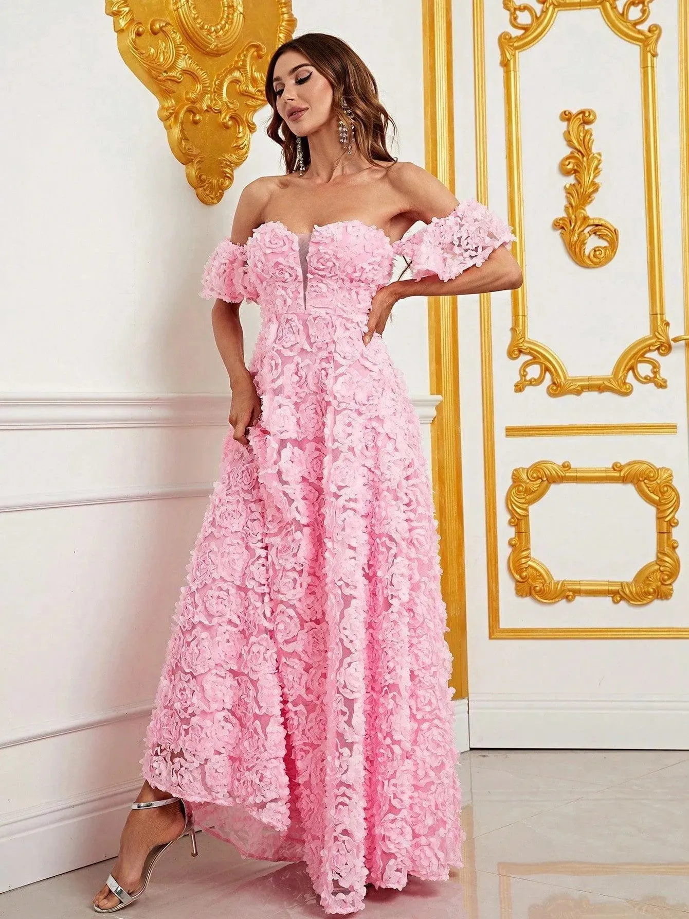 Off Shoulder 3D Flower A-Line Prom Dress