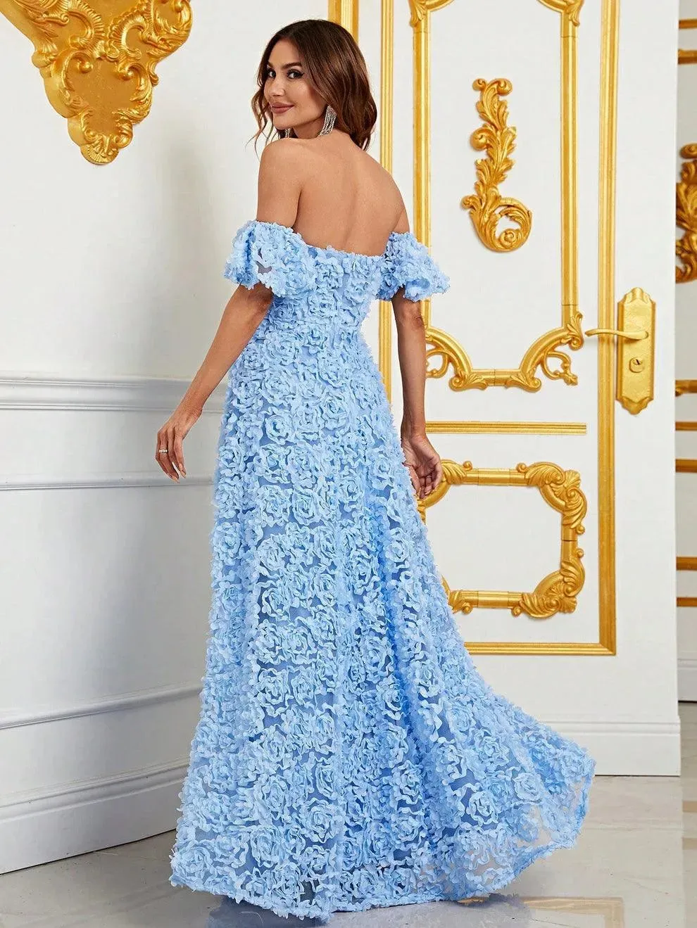 Off Shoulder 3D Flower A-Line Prom Dress