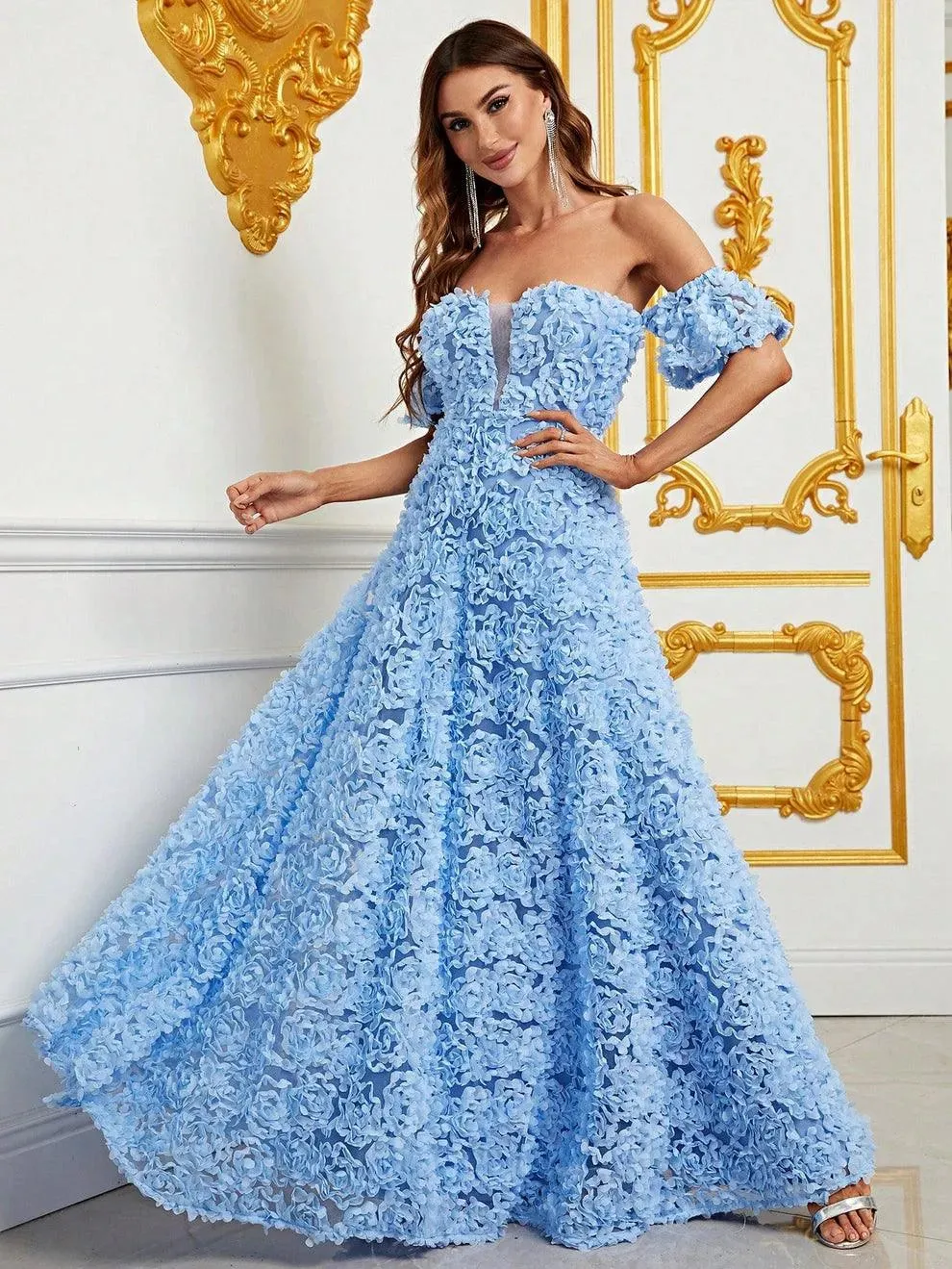 Off Shoulder 3D Flower A-Line Prom Dress