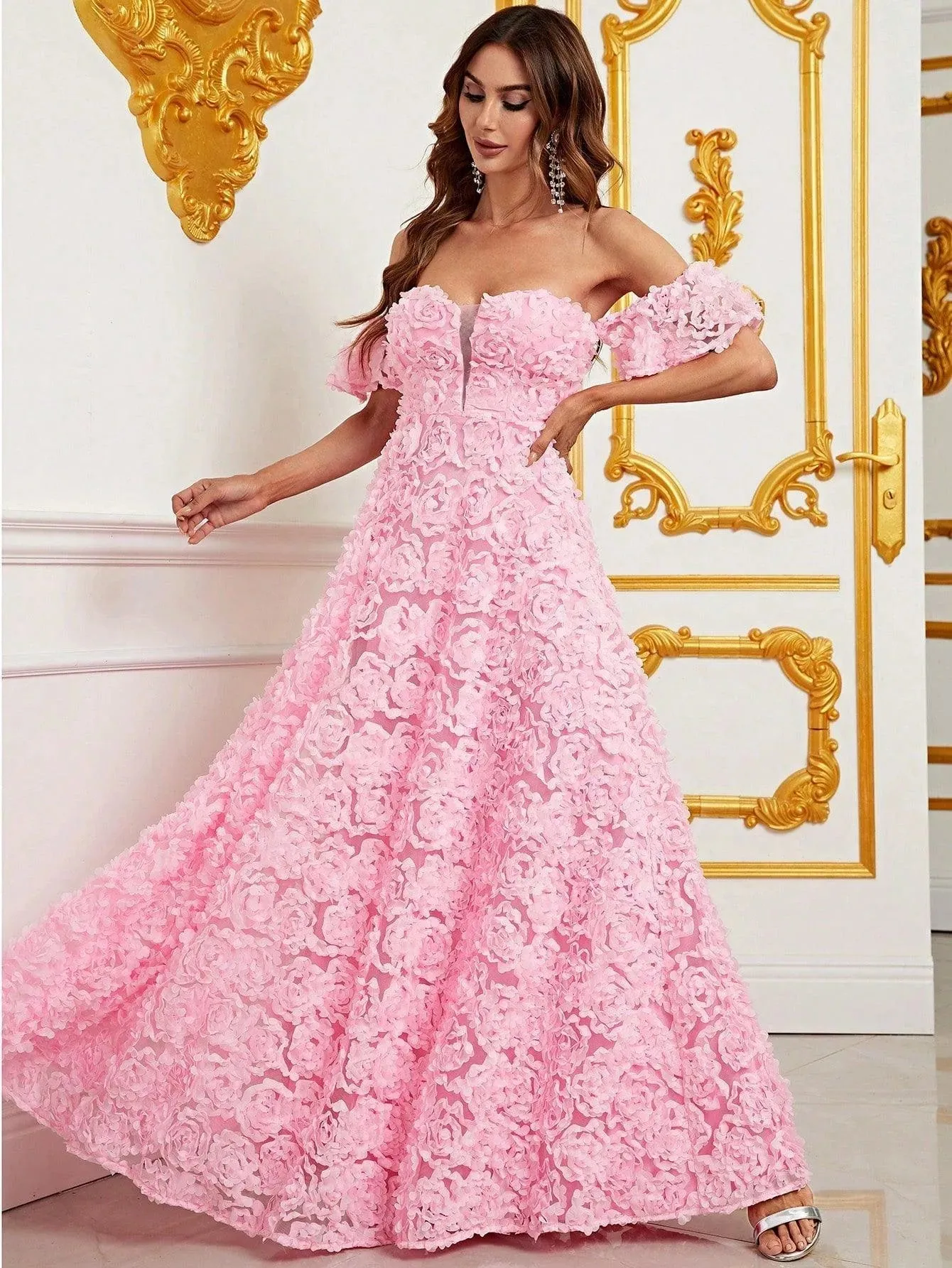 Off Shoulder 3D Flower A-Line Prom Dress