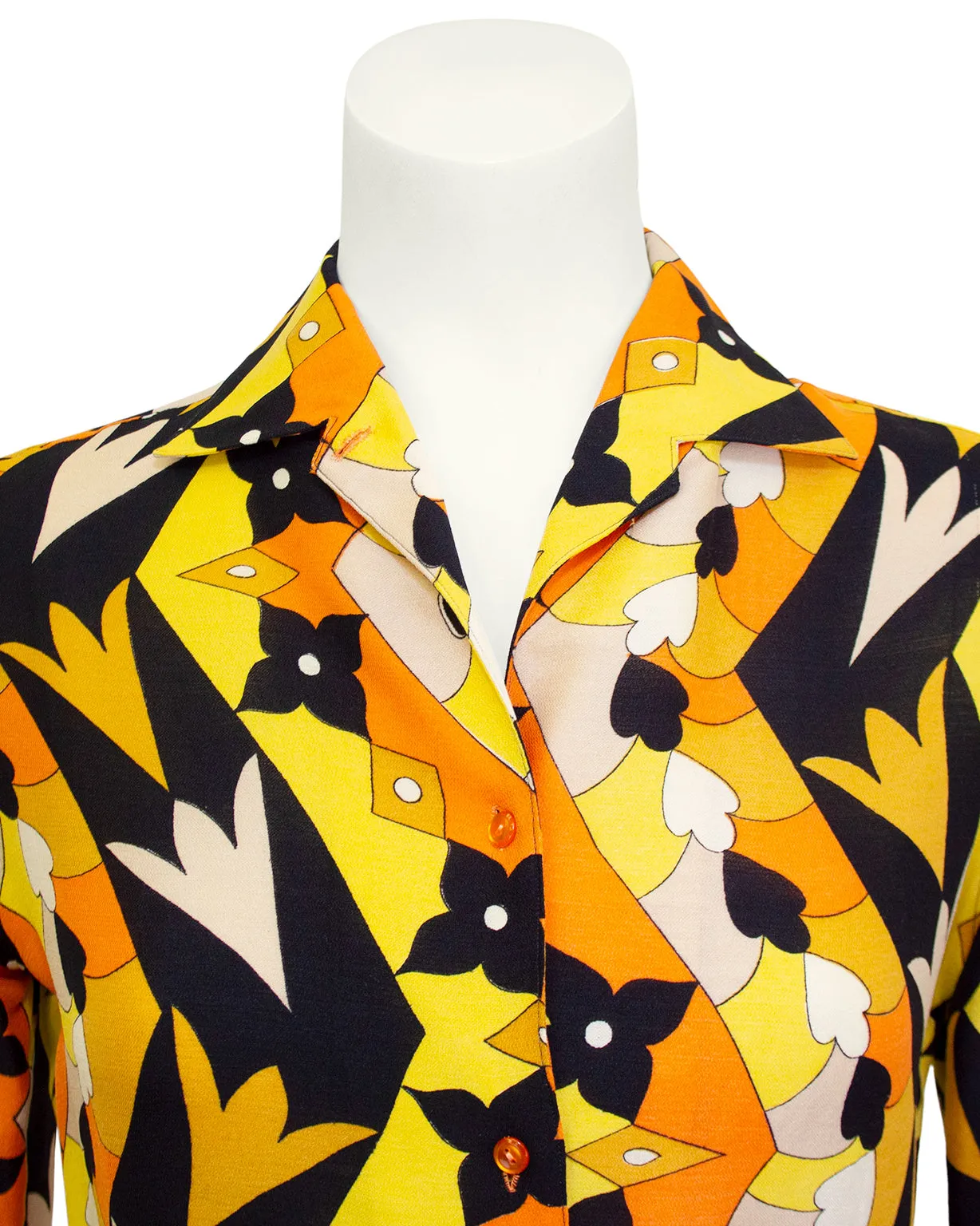 Paola Davitti Belted Orange, Yellow and Black Geometric Printed Blouse