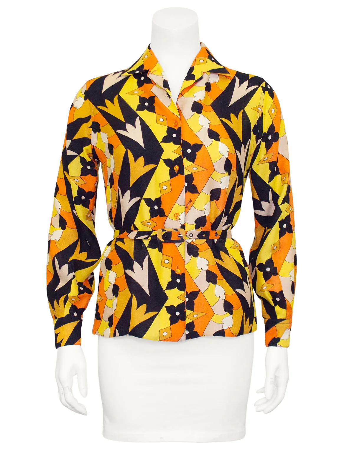 Paola Davitti Belted Orange, Yellow and Black Geometric Printed Blouse