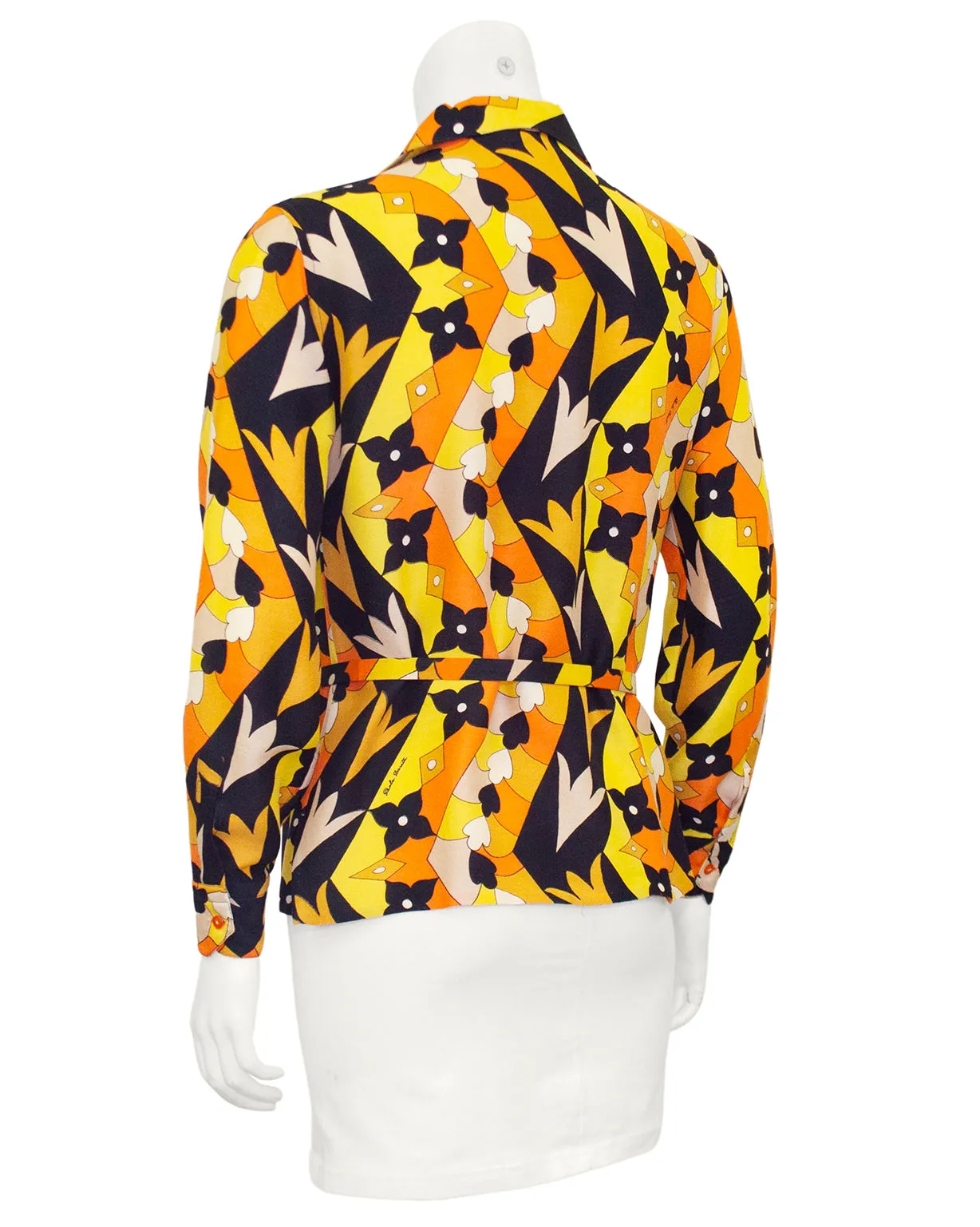 Paola Davitti Belted Orange, Yellow and Black Geometric Printed Blouse