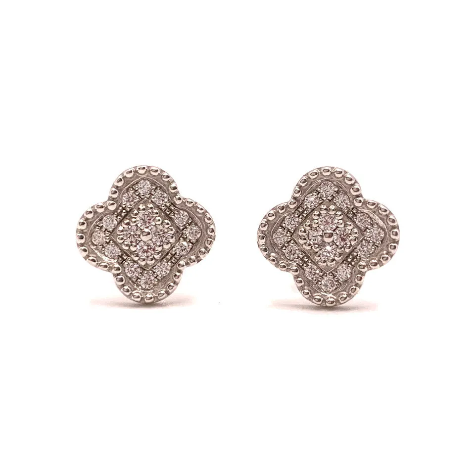 Pave Clover Shape Vermeil Stud Earrings - Silver