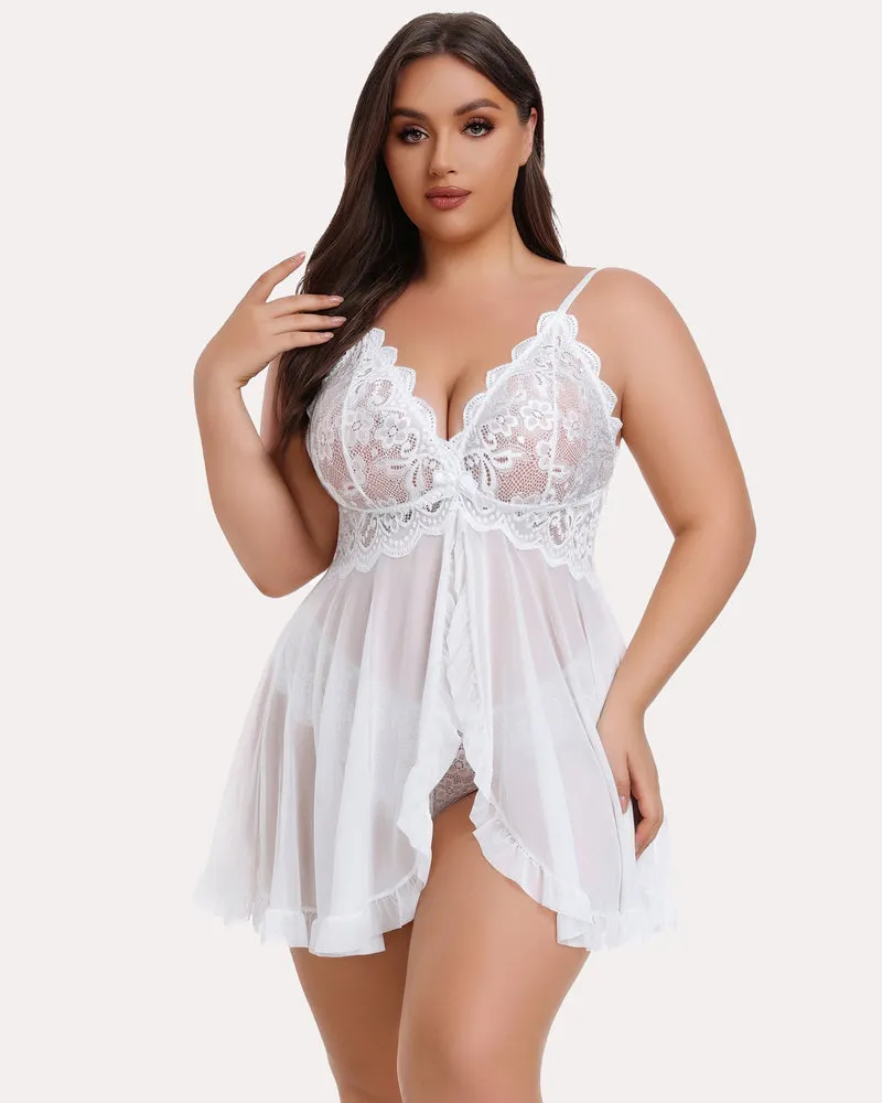 Plus Size Lace V-Neck Open Front Strap Babydoll