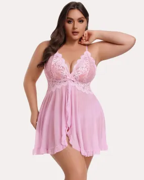 Plus Size Lace V-Neck Open Front Strap Babydoll