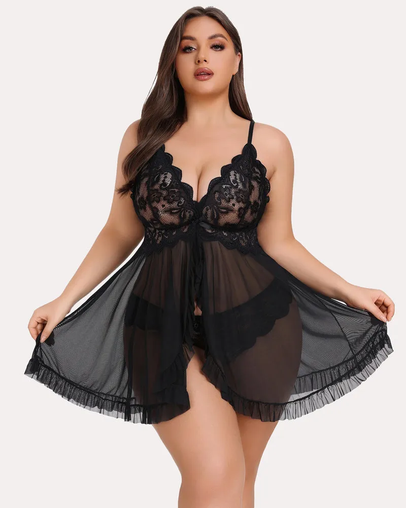 Plus Size Lace V-Neck Open Front Strap Babydoll