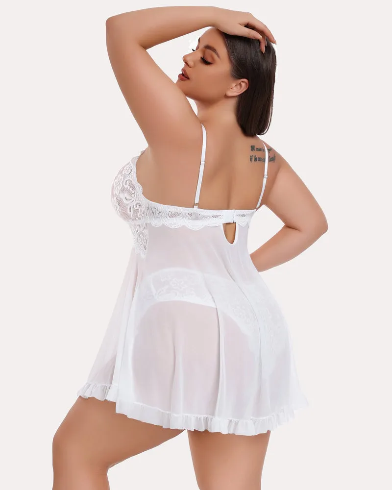 Plus Size Lace V-Neck Open Front Strap Babydoll