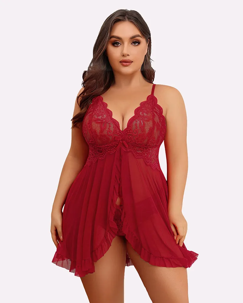 Plus Size Lace V-Neck Open Front Strap Babydoll