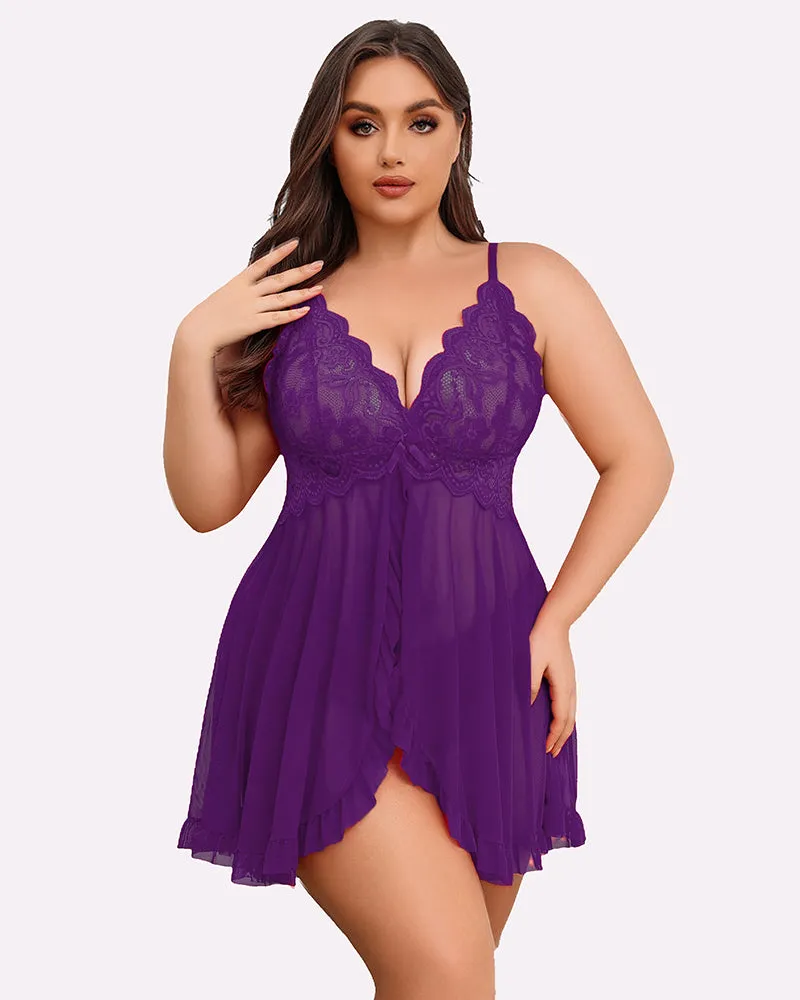 Plus Size Lace V-Neck Open Front Strap Babydoll