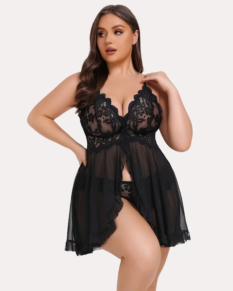 Plus Size Lace V-Neck Open Front Strap Babydoll