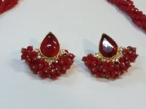 Red colored crystal pearls beads necklace & earrings set